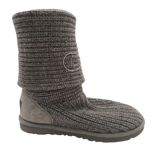 UGG Cardi Ribbed Knit Boots Womens 8 Gray Button Sheepskin Lining Tall Short - Picture 7 of 13